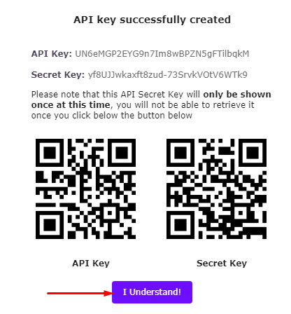 API key and secret key QR codes displayed for successful API key creation on HaasOnline cryptocurrency trading platform.