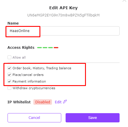 HaasOnline API key management interface with access rights for order book, trading history, and payment information.