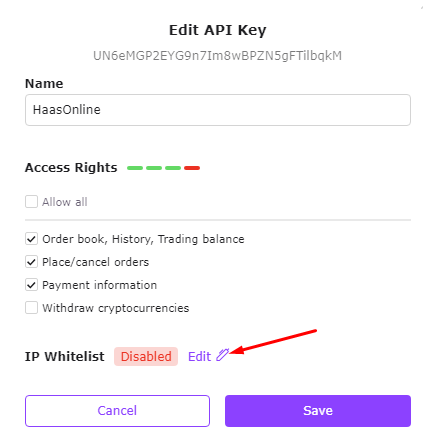 HaasOnline API Key configuration panel with Edit button highlighted.