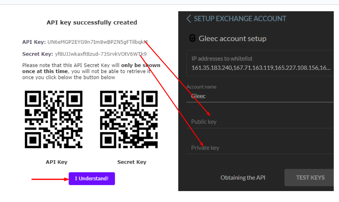HaasOnline API key creation screen showing generated API and Secret keys along with Gleec exchange account setup form.