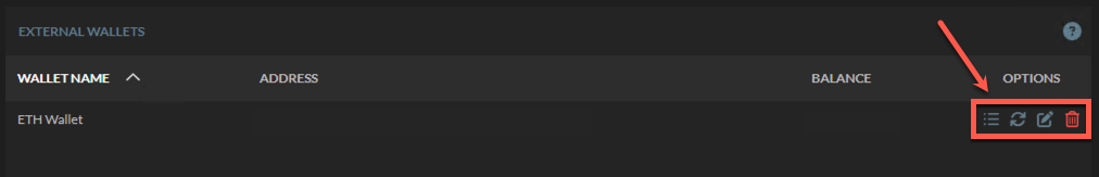 Cryptocurrency wallet interface with wallet name, address, balance, and options including send, receive, and delete buttons.
