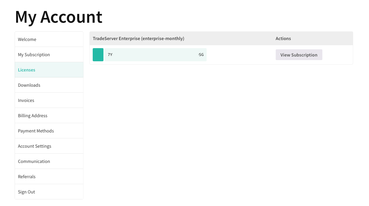 HaasOnline account dashboard with subscription details, licenses, downloads, invoices, and account management options.
