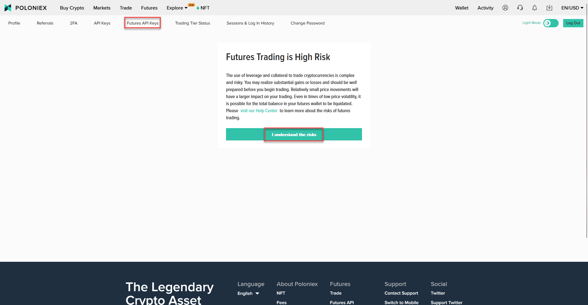 Poloniex Futures Trading page with warning about high-risk nature of futures trading and "I understand the risks" button.