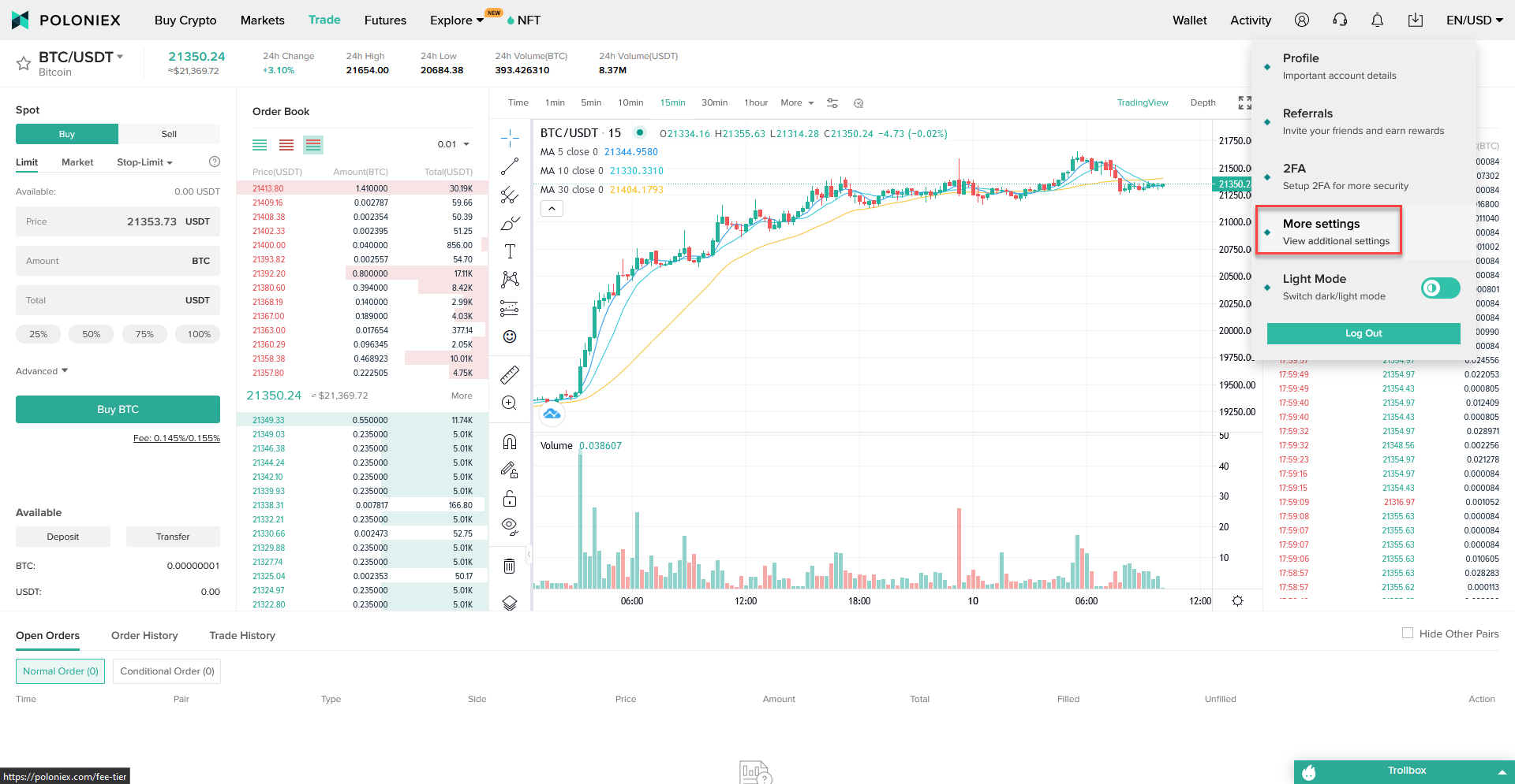 Cryptocurrency trading platform Poloniex UI with order book, price chart, and buy/sell controls.
