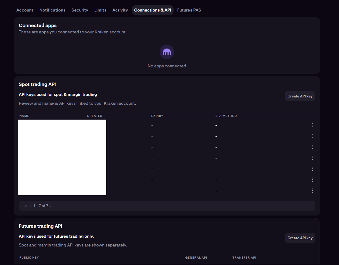 Kraken Pro Connections & API page with the Futures trading API section and its Create API key button.
