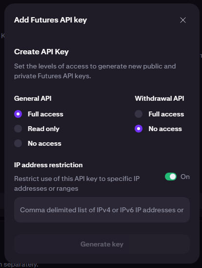 Kraken Pro Add Futures API key dialog with General API set to Full access, Withdrawal API set to No access, and IP address restriction enabled.