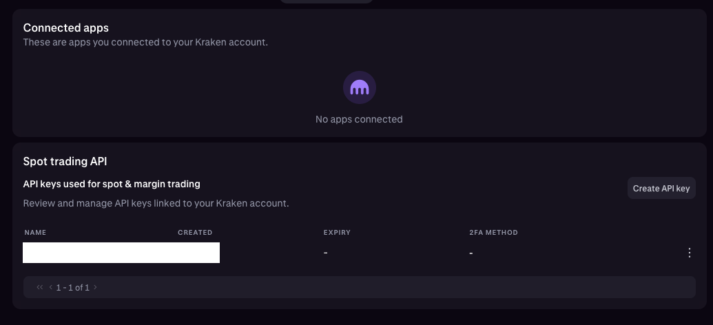 Kraken Pro Settings API page showing the Spot trading API section with the Create API key button.