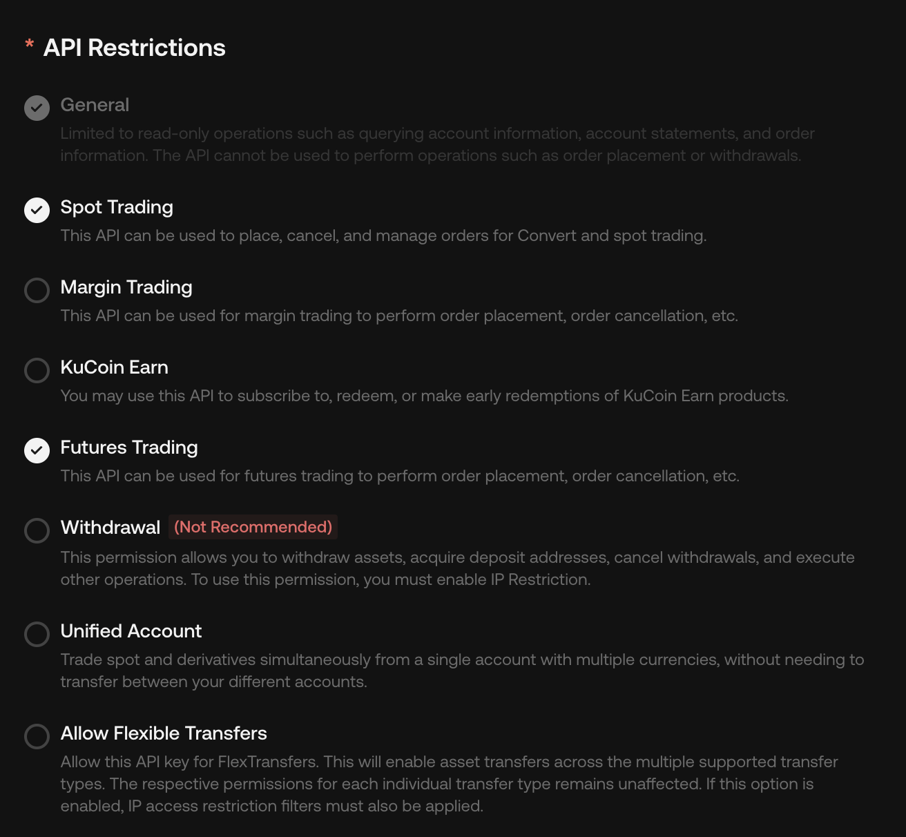 KuCoin API Restrictions for API-Based Trading with Spot Trading and Futures Trading enabled; the Withdrawal option is visible and should remain disabled.