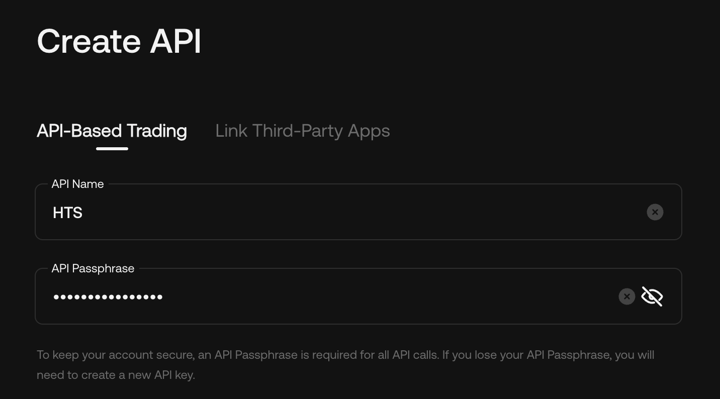 KuCoin Create API page with the API-Based Trading tab selected, showing API Name and API Passphrase fields.