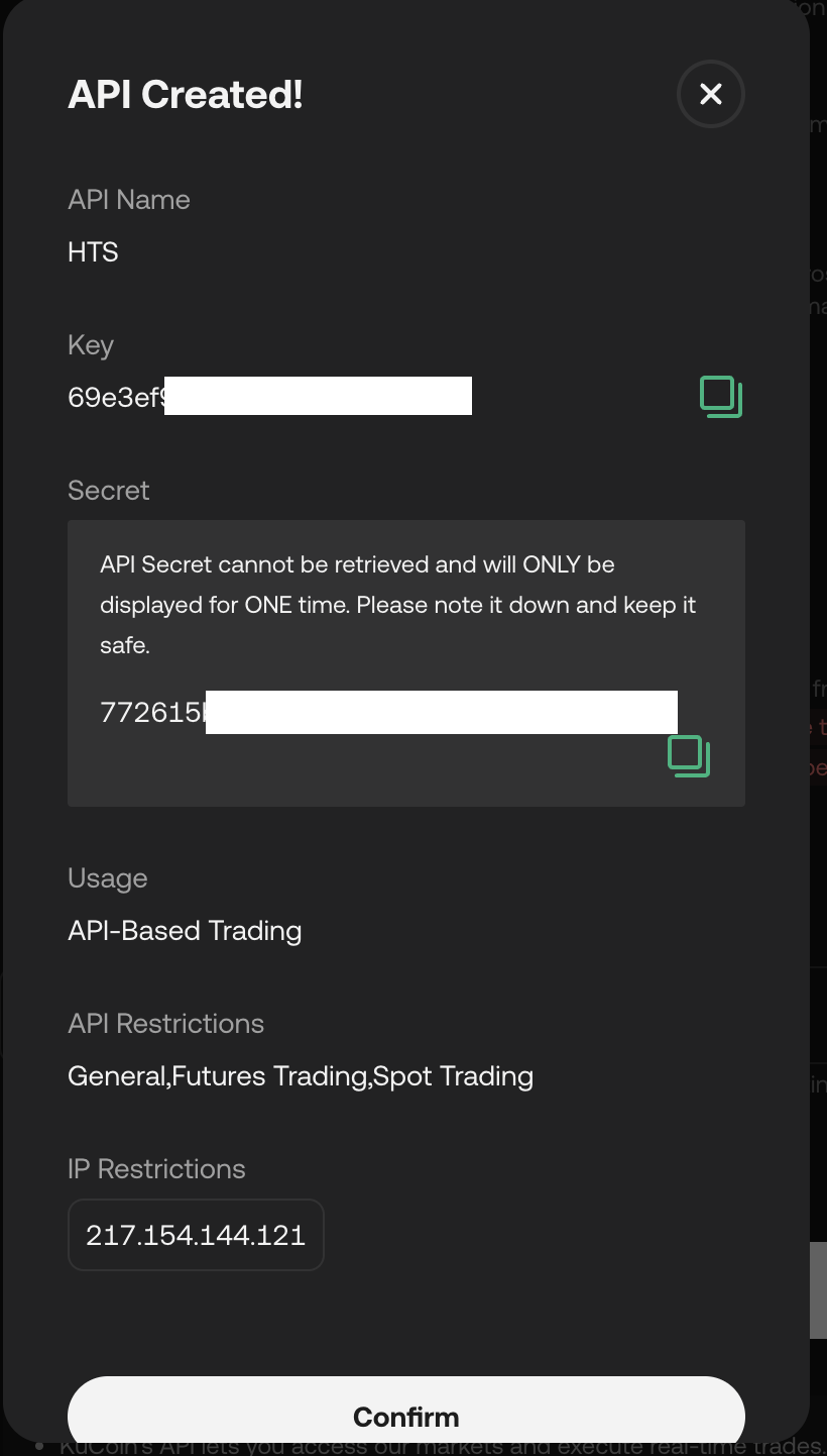 KuCoin API Created modal for the API-Based Trading flow showing API Name, Key, Secret, Usage, API Restrictions, and the whitelisted IP.