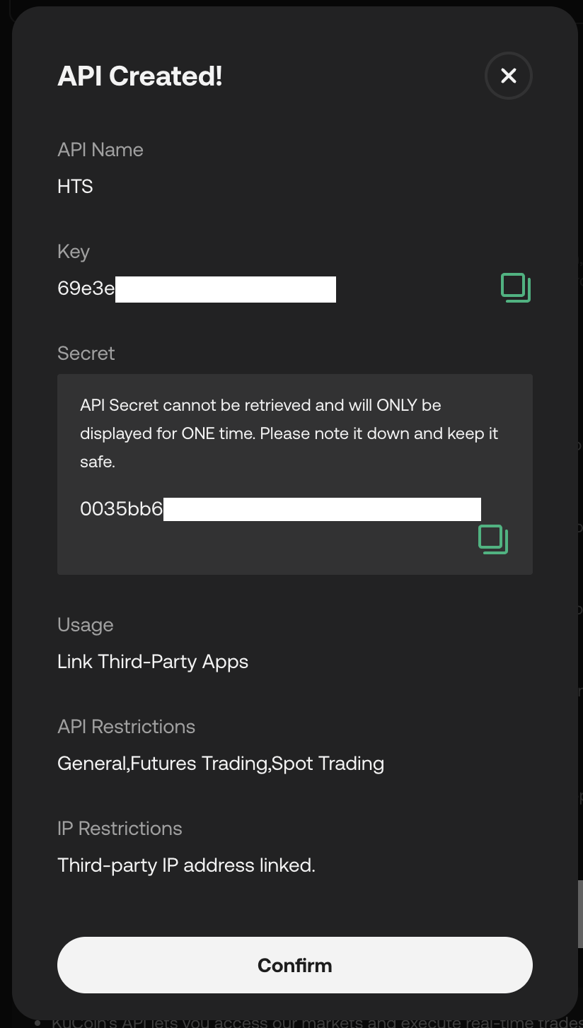 KuCoin API Created modal showing the API Name, Key, Secret, Usage, API Restrictions, and IP Restrictions.