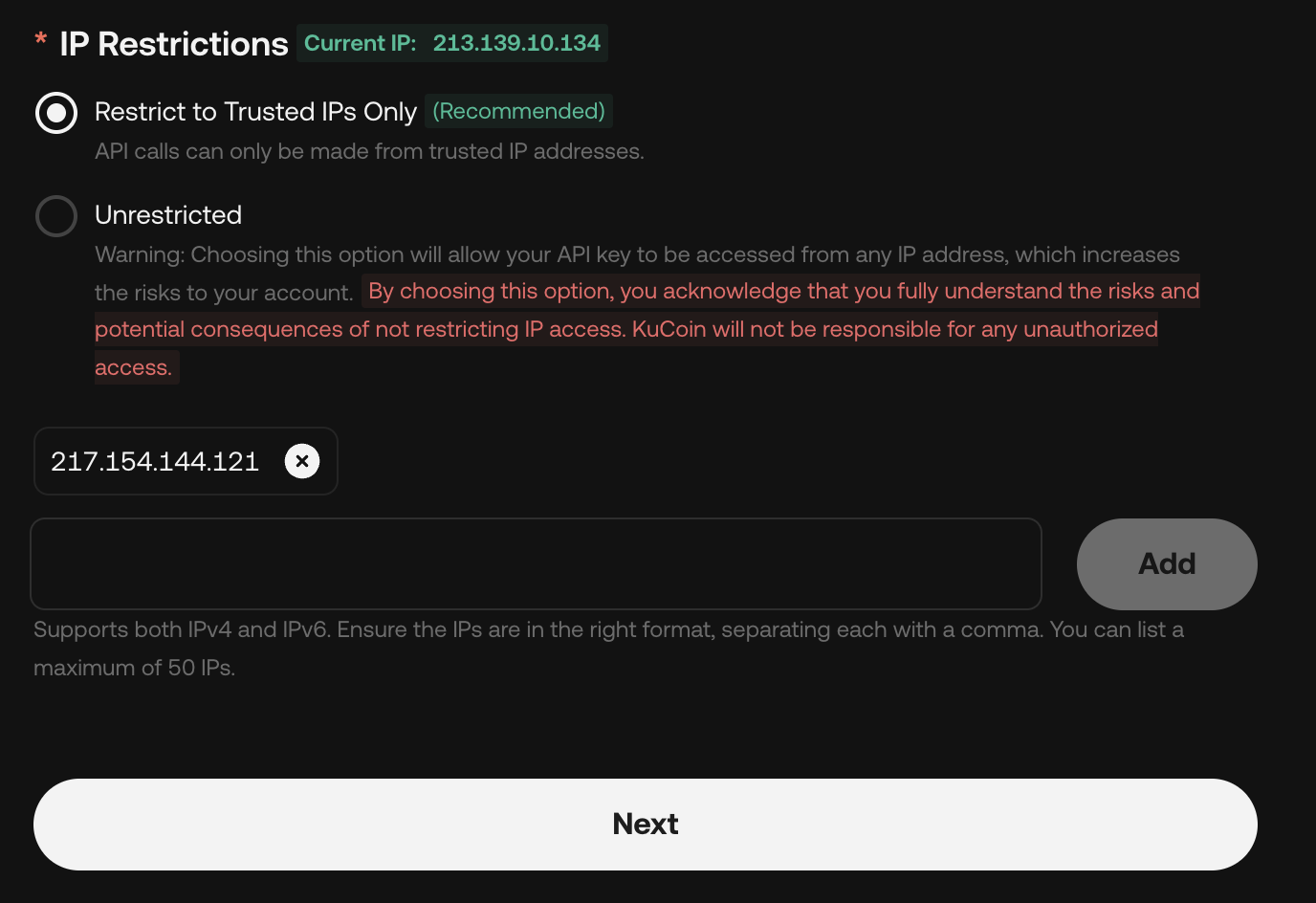 KuCoin IP Restrictions with Restrict to Trusted IPs Only selected and a whitelisted server IP added.