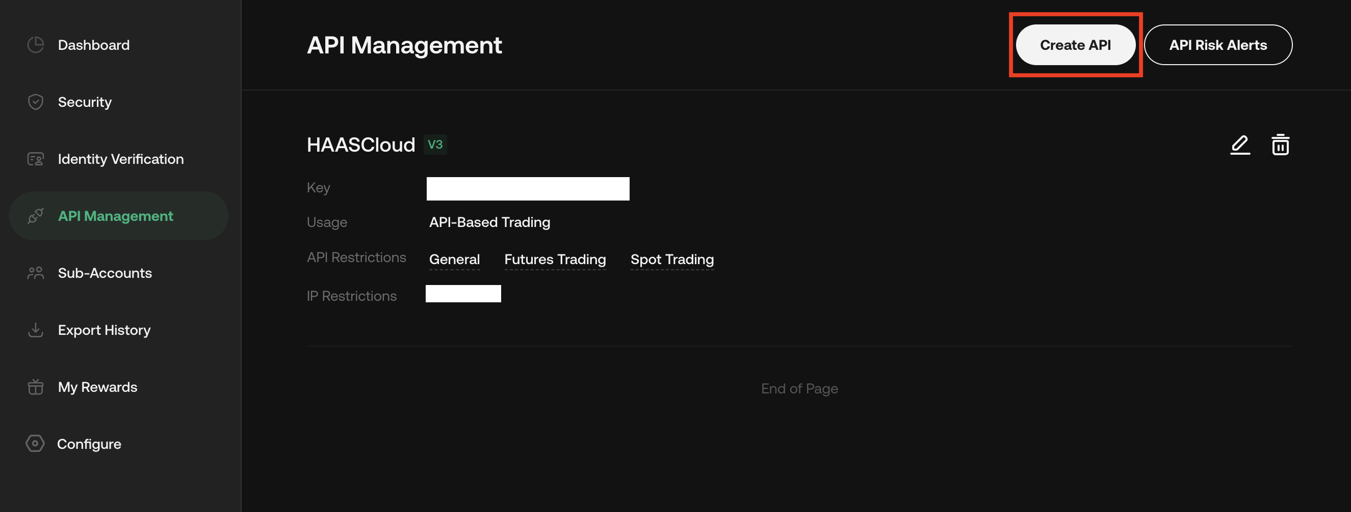 KuCoin API Management page with the Create API button highlighted in the top-right corner.