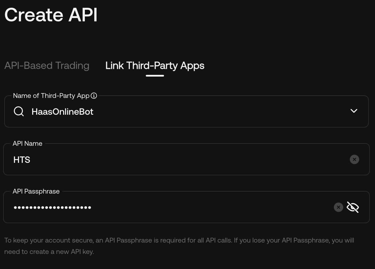 KuCoin Create API page with the Link Third-Party Apps tab selected and HaasOnlineBot chosen in the dropdown.