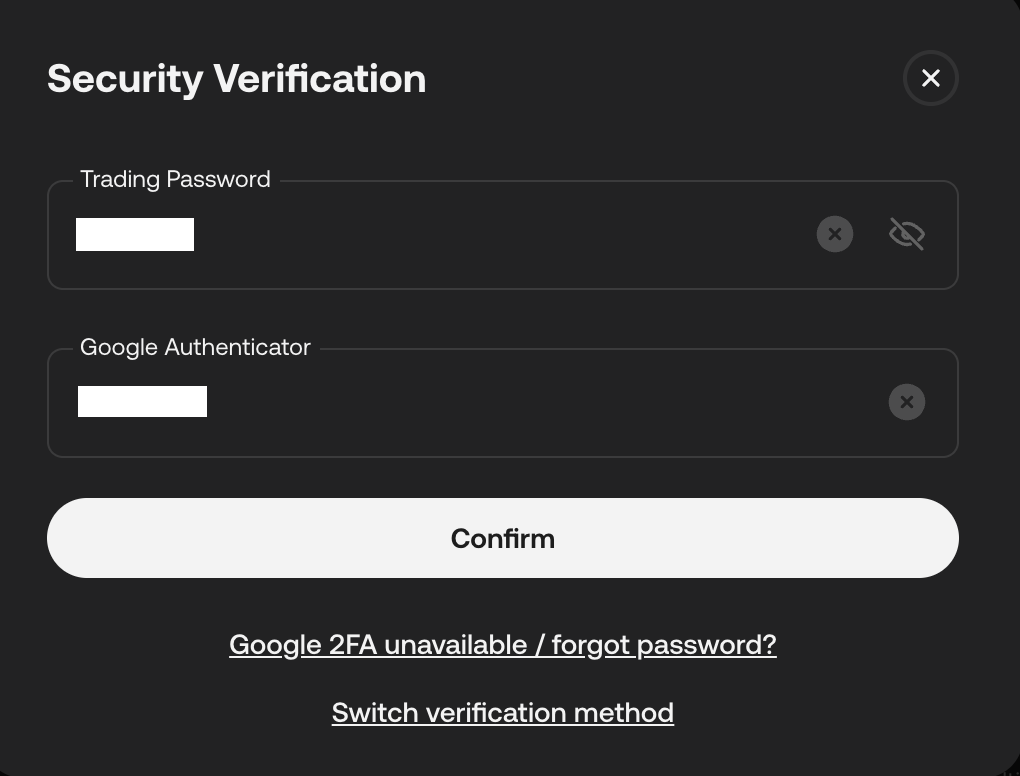 KuCoin Security Verification modal with Trading Password and Google Authenticator fields.