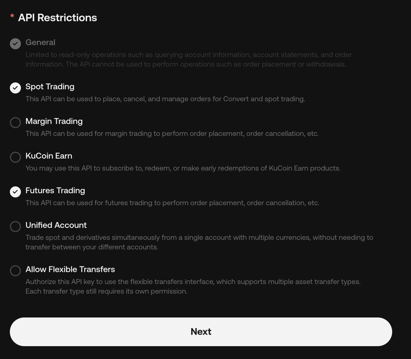 KuCoin API Restrictions with Spot Trading and Futures Trading enabled.