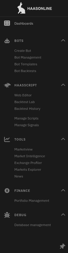 HaasOnline platform main navigation menu showing Dashboards, Bots, HaasScript, Tools, and Finance sections.