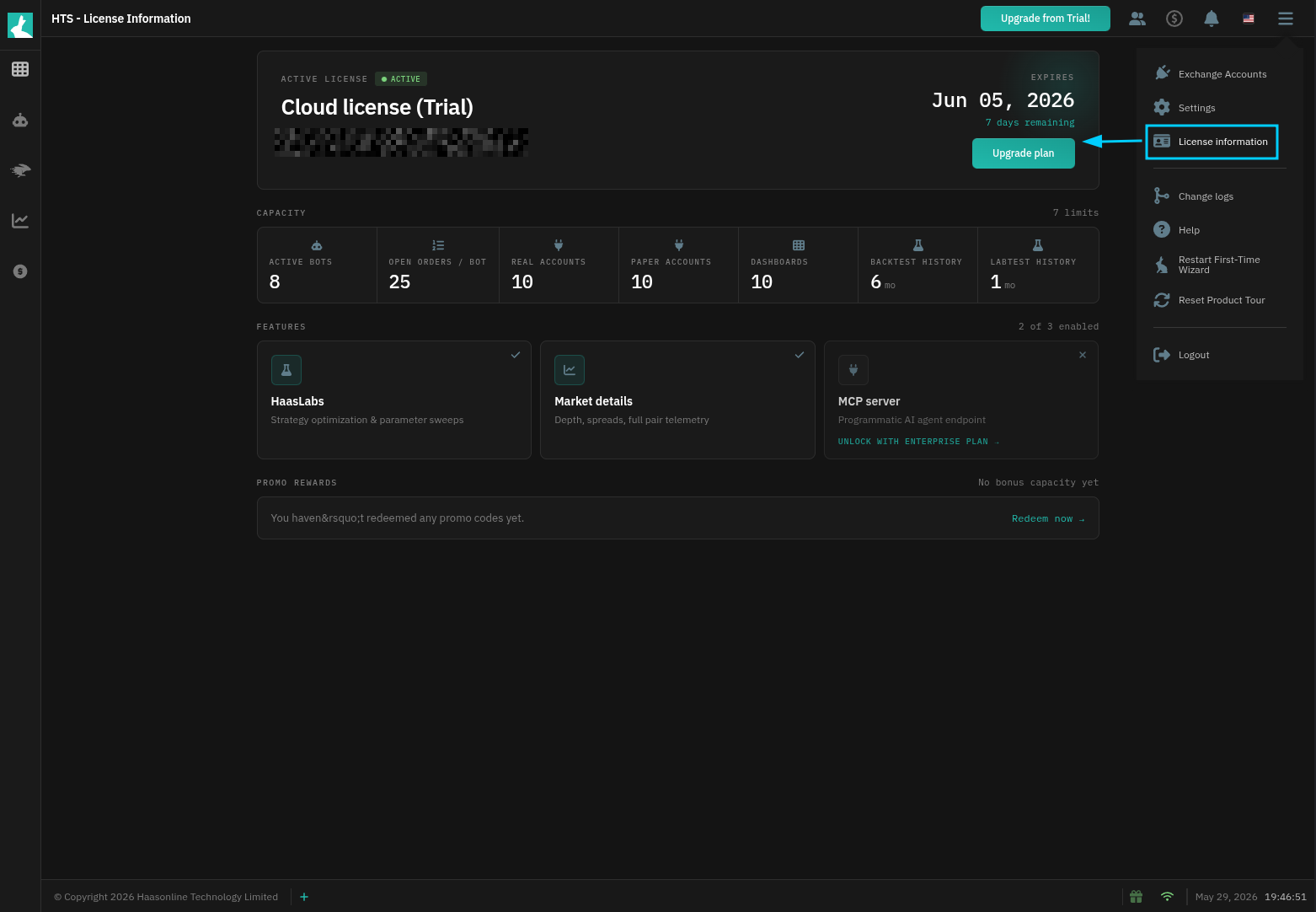 HaasOnline License Information dashboard showing account details, dashboards, active bots, and backtest months.