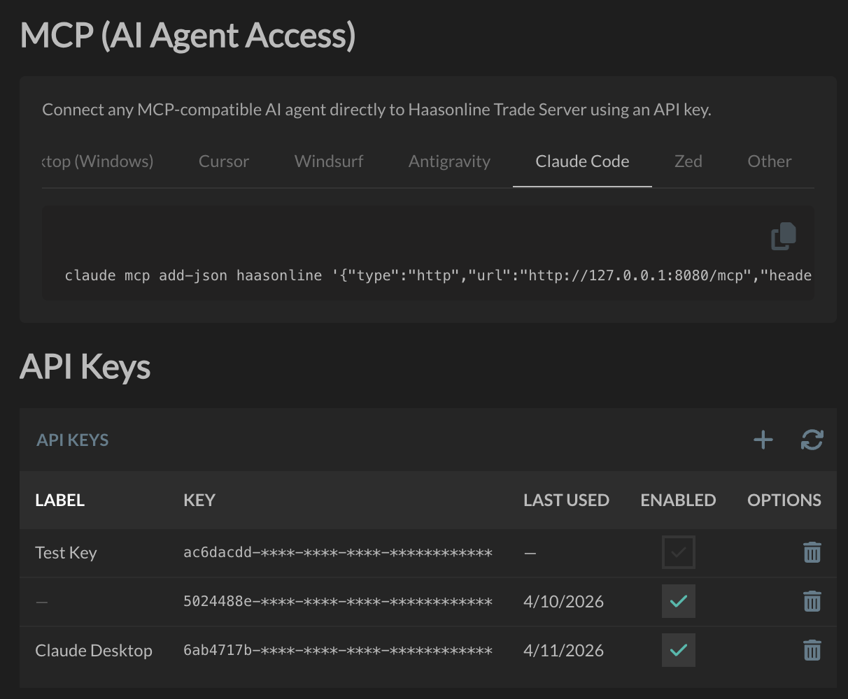 MCP Settings page showing API key management and client configuration snippets