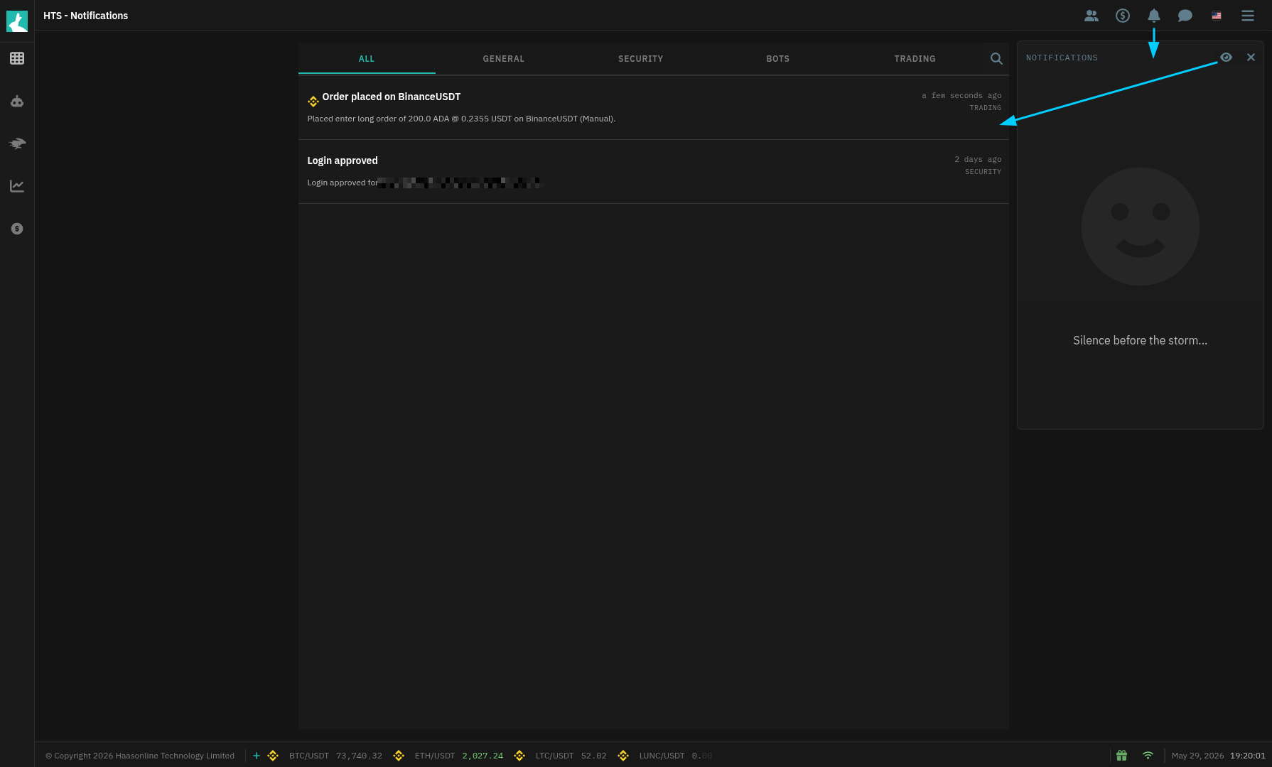 HaasOnline cryptocurrency trading platform displaying the Notifications widget and Notification Center.