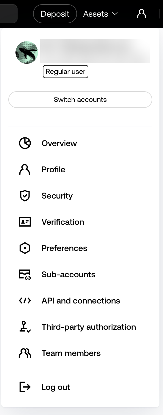 OKX account menu with API and connections.