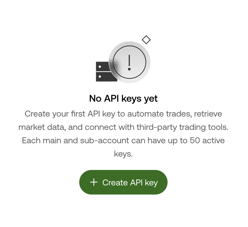 OKX API page with No API keys yet and the Create API key button.