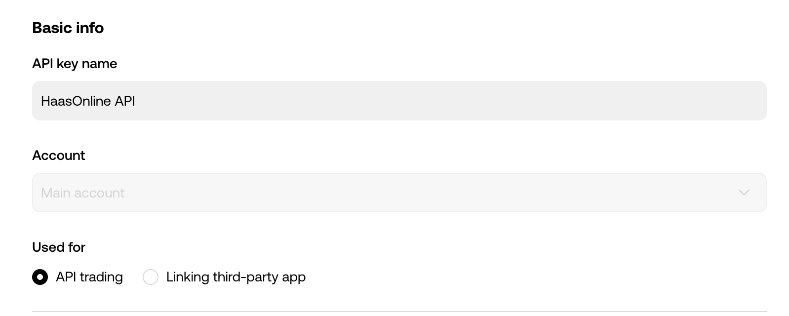 OKX Basic info with the API key name, Main account and API trading.