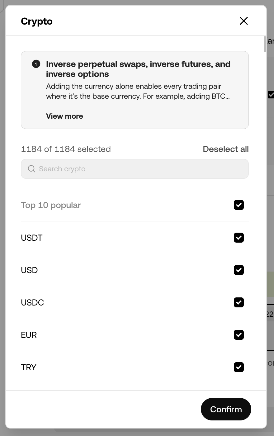 OKX Crypto dialog with every coin selected.