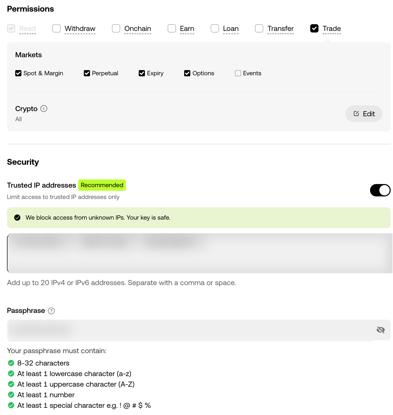 OKX Permissions with Trade on Spot & Margin, Perpetual, Expiry and Options and Crypto set to All, then Security with trusted IP addresses and a passphrase.
