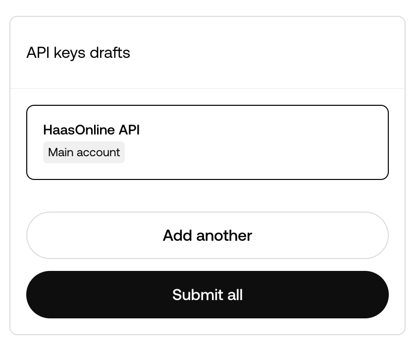 OKX API keys drafts with the HaasOnline API draft and the Submit all button.