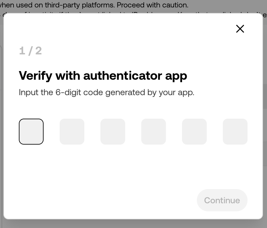 OKX Verify with authenticator app, step 1 of 2.