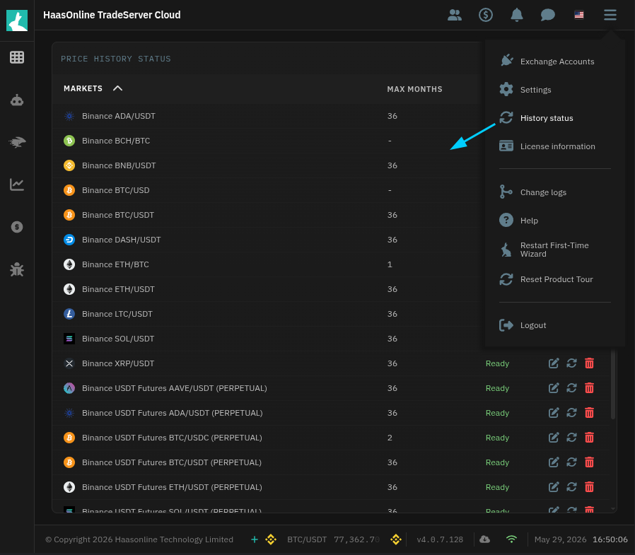 Cryptocurrency trading platform HaasOnline's History Status interface displaying available trading markets and historical price data limits.