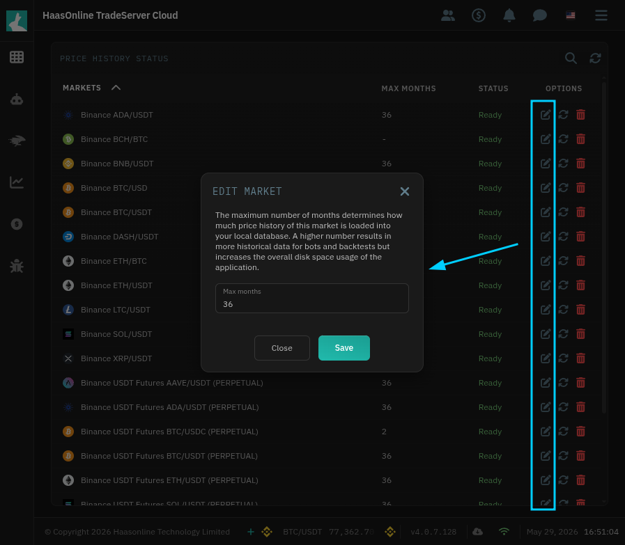 Cryptocurrency trading platform HaasOnline's History Status interface displaying historical price data limit configuration modal.