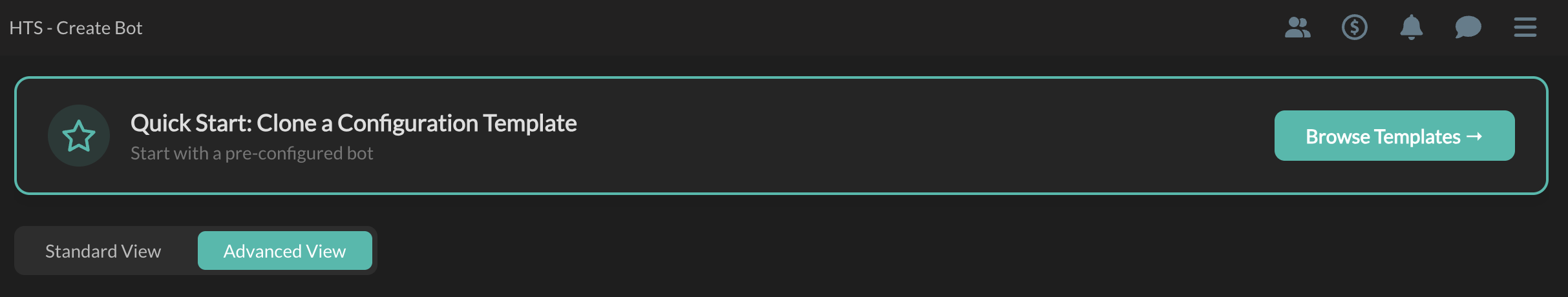 Quick Start banner and Standard/Advanced toggle