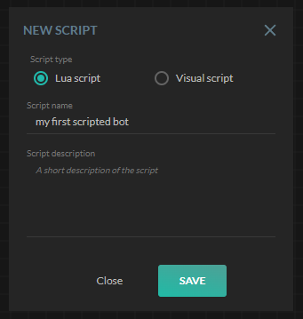 HaasOnline cryptocurrency trading platform's New Script creation dialog, showing Lua script and Visual script options.