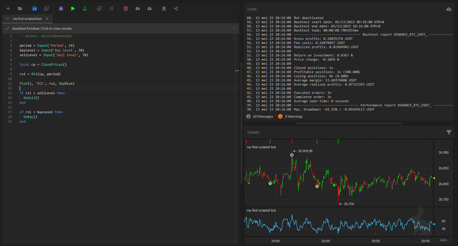 Cryptocurrency trading platform UI with RSI indicator chart, logs, and script code editor