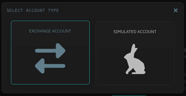 HaasOnline TradeServer Select Account Type modal with Exchange Account highlighted.