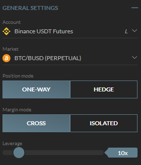 Cryptocurrency trading platform's general settings panel with futures market options including one-way, hedge, cross, and isolated leverage modes.