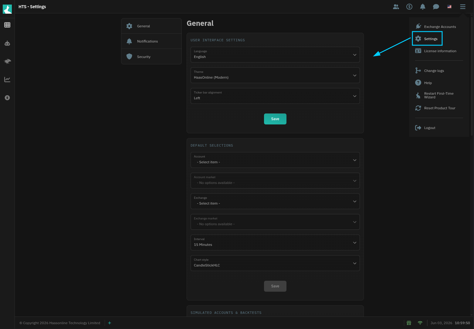 HaasOnline trading platform settings menu with user interface options and notification settings controls.