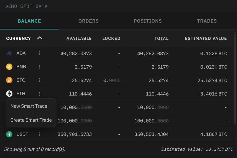 The row menu on a balance row, with New Smart Trade and Create Smart Trade