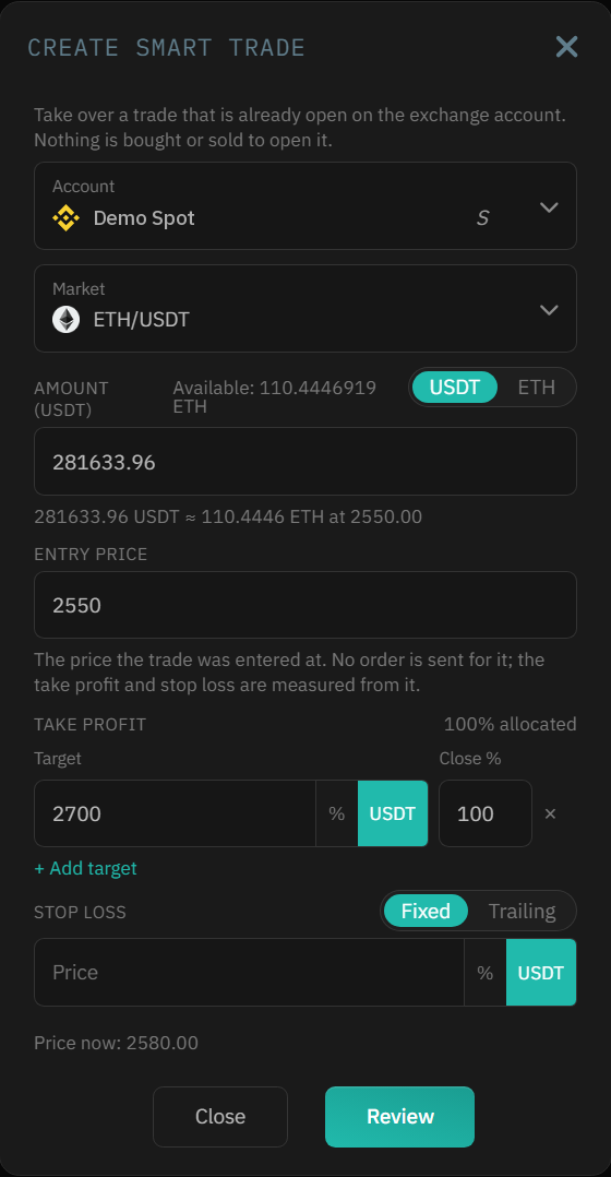 Create Smart Trade opened from a balance row