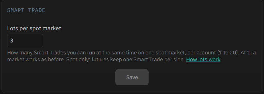 Settings › General: Lots per spot market