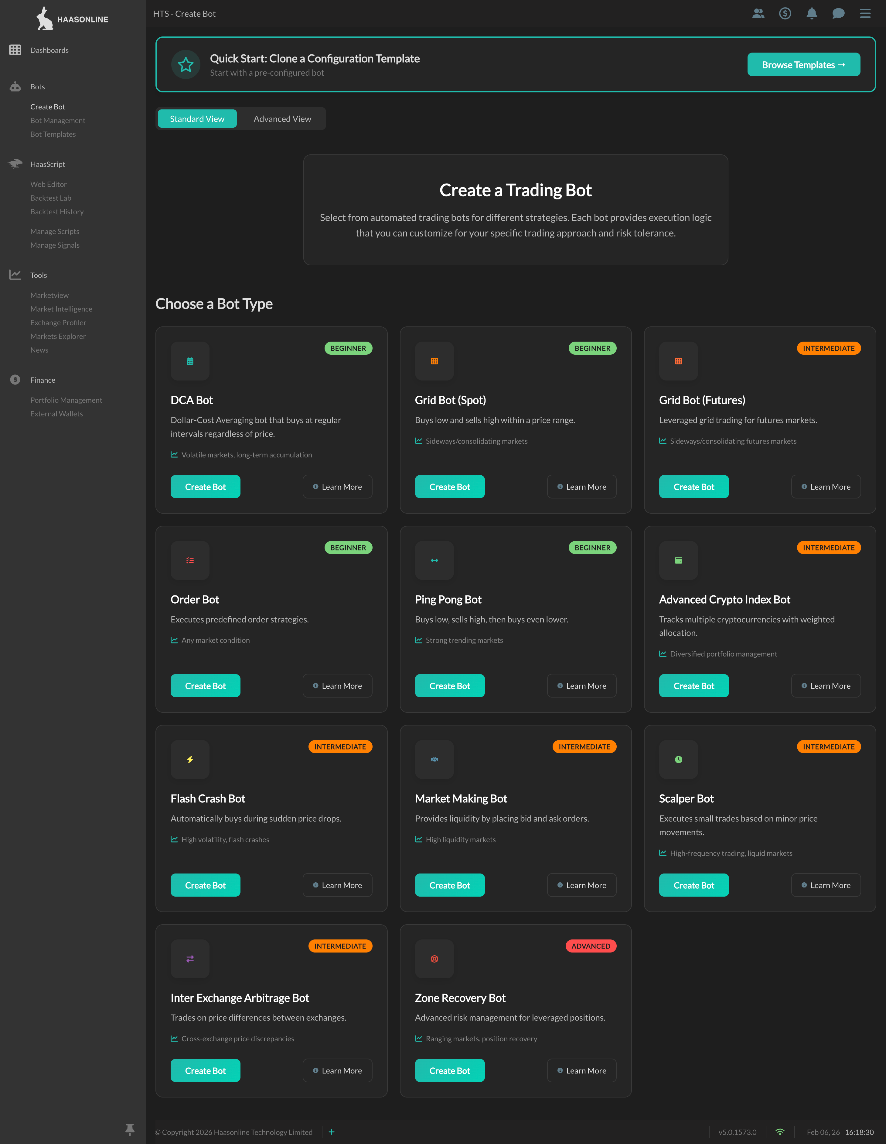 Standard View with bot type cards by category