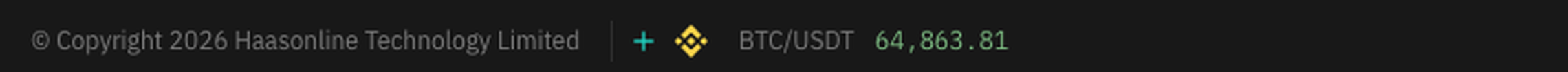 The left of the status bar, showing the copyright notice, the add ticker button, and a BTC/USDT ticker from Binance.