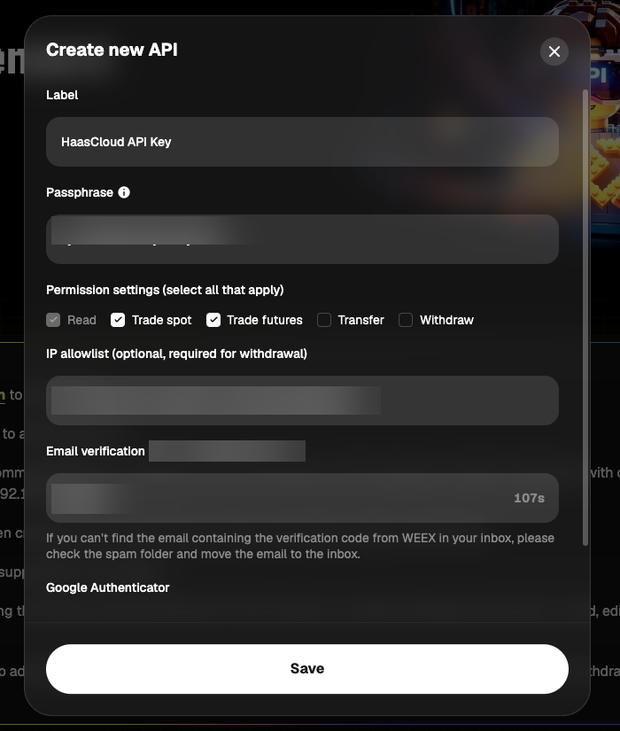 WEEX Create new API form filled in, with Trade spot and Trade futures enabled and Transfer and Withdraw left off.