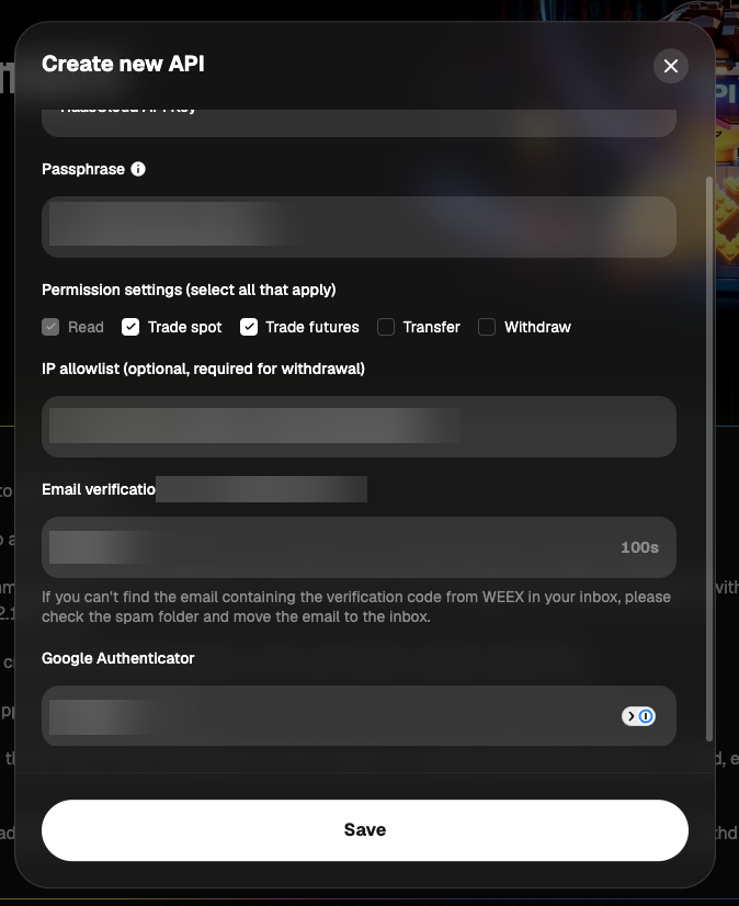 WEEX Create new API form scrolled down to the Email verification and Google Authenticator codes, above the Save button.