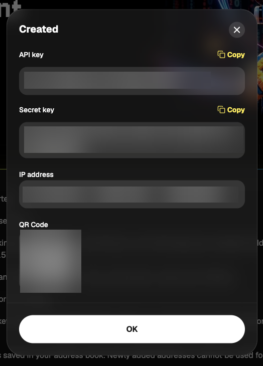 WEEX Created screen with the API key, Secret key, IP address and QR code, and Copy buttons.